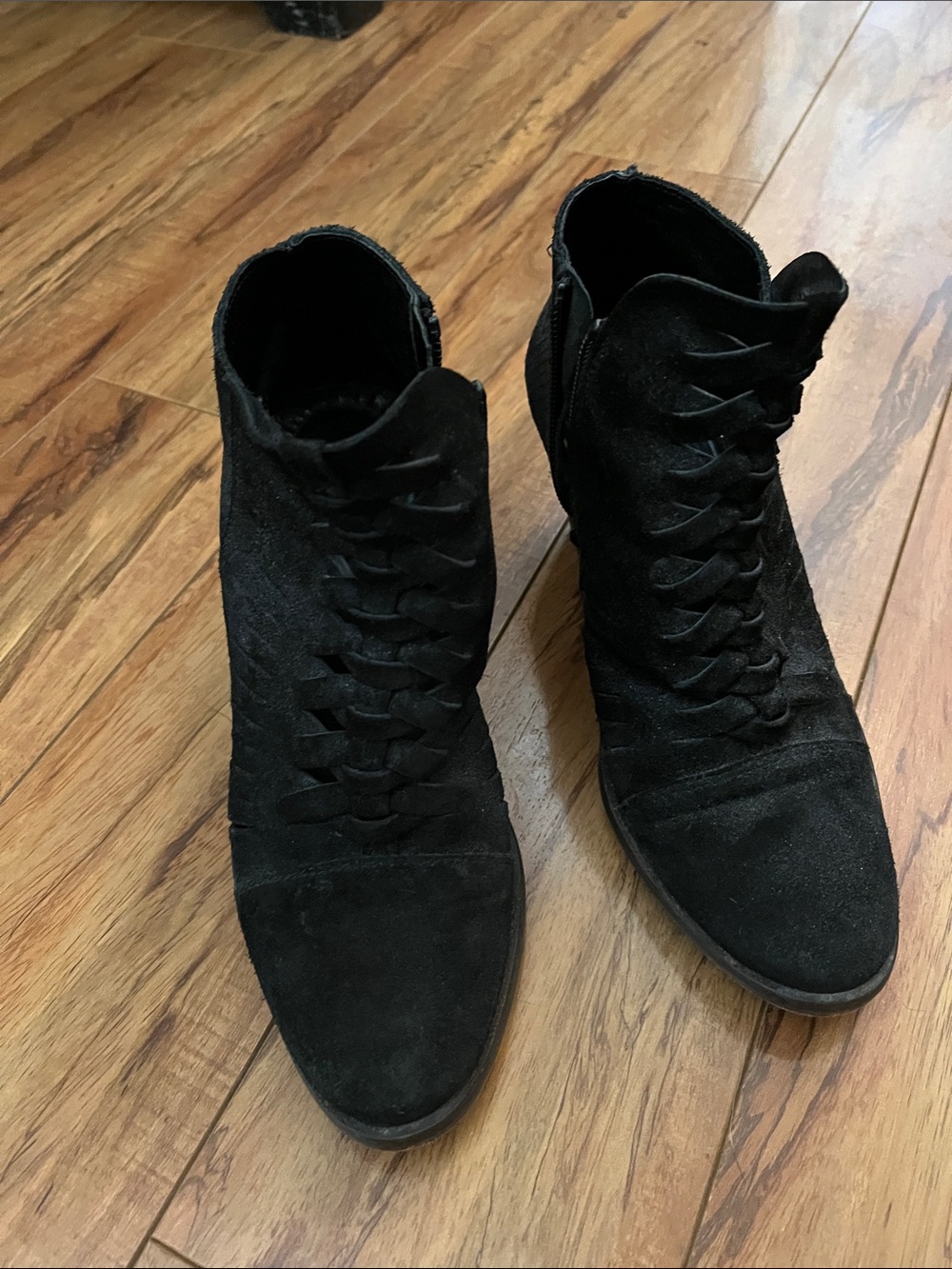 Free People Black Suede Lace-Up Pattern Ankle Boots With Side Zipper